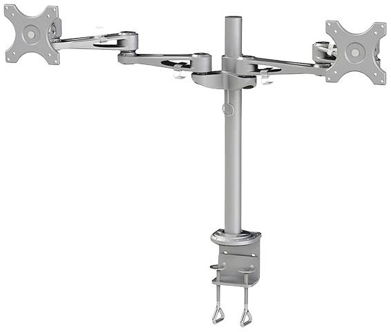 Doppel-Monitorhalterung aus Metall, silberfarben, mit verstellbaren Armen und einer Klemmbefestigung zur Tischmontage.