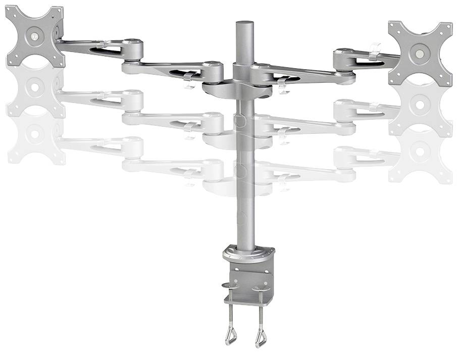 Doppelarmiger Monitorhalter aus Metall mit Einstellmöglichkeiten zur flexiblen Ausrichtung von zwei Monitoren. Befestigung mit Schraubklemme.
