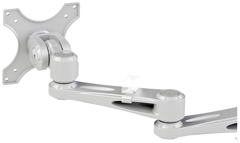 Ein verstellbarer Monitorarm aus Metall mit Gelenken und Halterung zur Befestigung eines Bildschirms an einer Wand.