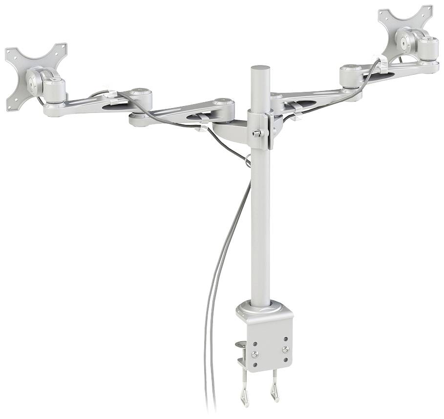 Metallene Monitorhalterung mit drei schwenkbaren Armen zur gleichzeitigen Befestigung von drei Monitoren, Kabelmanagement integriert.