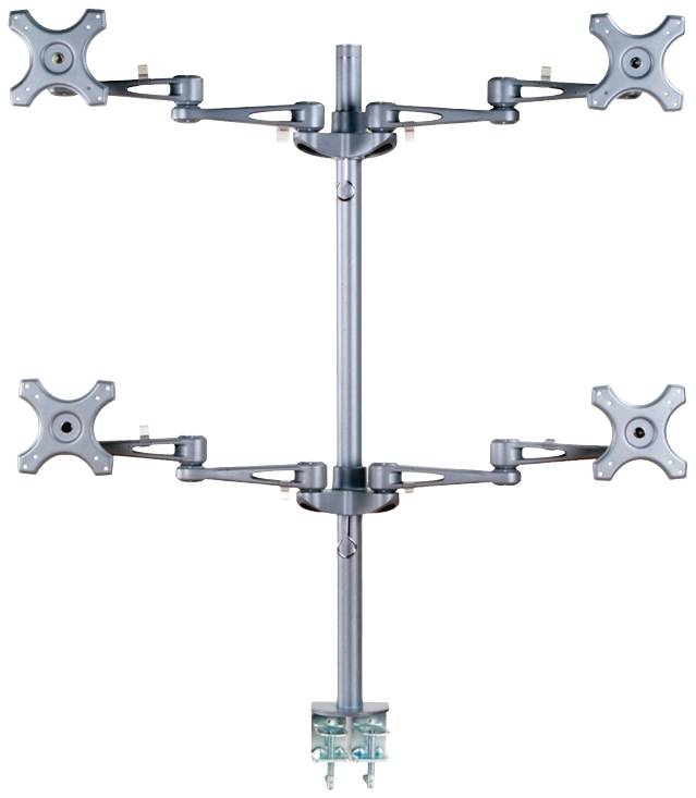 Vierfacher Monitorhalter mit verstellbaren Armen für die Montage von vier Bildschirmen, bietet flexible Ausrichtung und Platzersparnis.