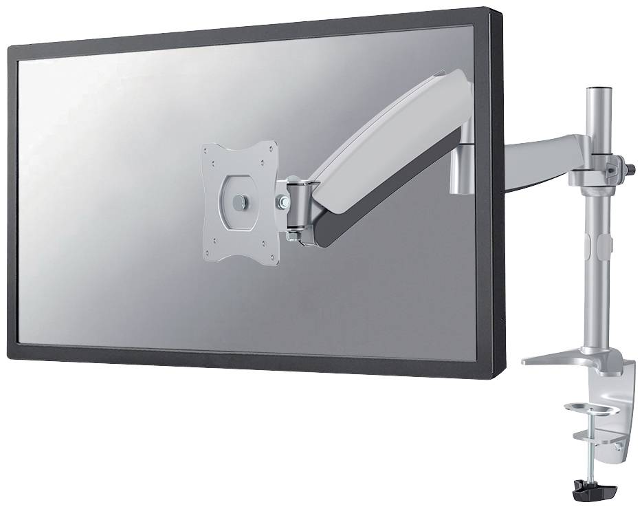 Ein verstellbarer Monitorarm mit einer Halterung, die an einem Schreibtisch befestigt ist. Der Arm hält einen Monitor ohne Bildschirm.