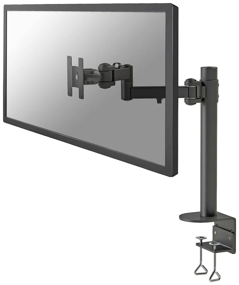 Ein schwarzer Monitorarm mit Gelenken, der an einer Tischkante befestigt ist, trägt einen Bildschirm. Ideal für flexible Bildschirmpositionierung.