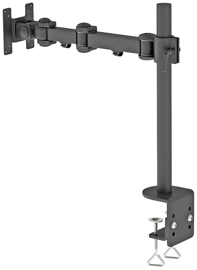 Ein schwarzer, verstellbarer Monitorarm mit Tischklemme zur Befestigung. Der Arm bietet mehrere Gelenke für flexible Positionierung.