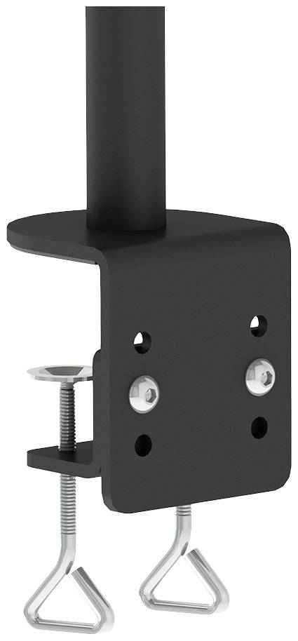 Schwarze Tischklemme zur Befestigung eines Objekts an einer Tischkante, mit zwei Metallschrauben zur sicheren Verschraubung.