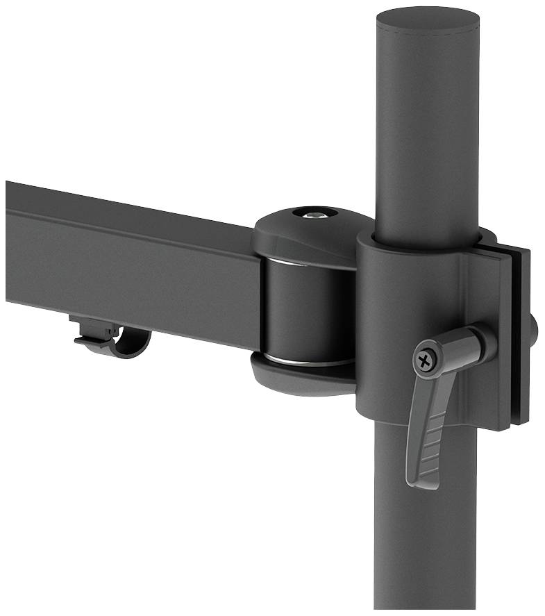 Ein schwarzes, verstellbares Monitorhalterungsgelenk, montiert an einer vertikalen Stange, ermöglicht flexible Bildschirmpositionierung.