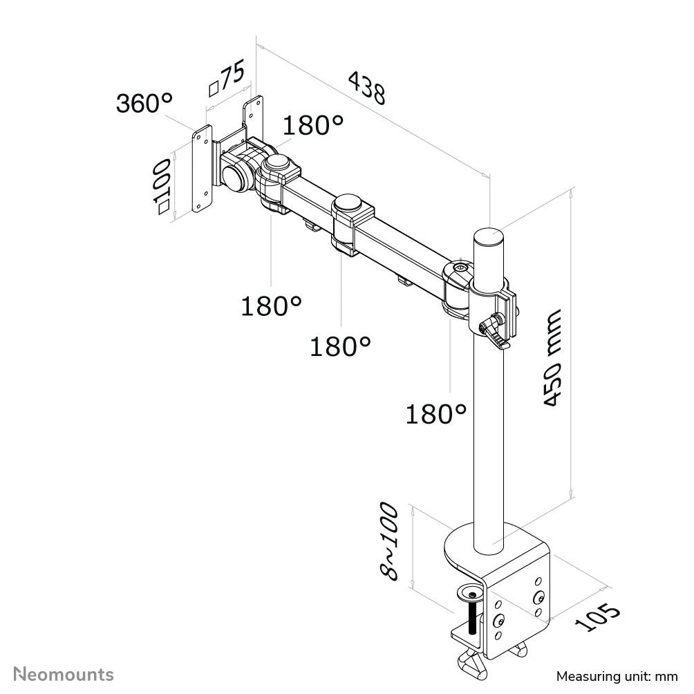 Technische Zeichnung einer Monitorhalterung mit genauen Maßen in Millimetern und Angaben zu Rotationswinkeln der Gelenke, einschließlich 360°, 180° und variablen Höhenverstellungen.