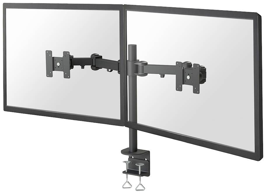 Zwei nebeneinander montierte Computermonitore an einem verstellbaren Schwenkarm. Ideal für Multitasking und effiziente Arbeitsplätze.