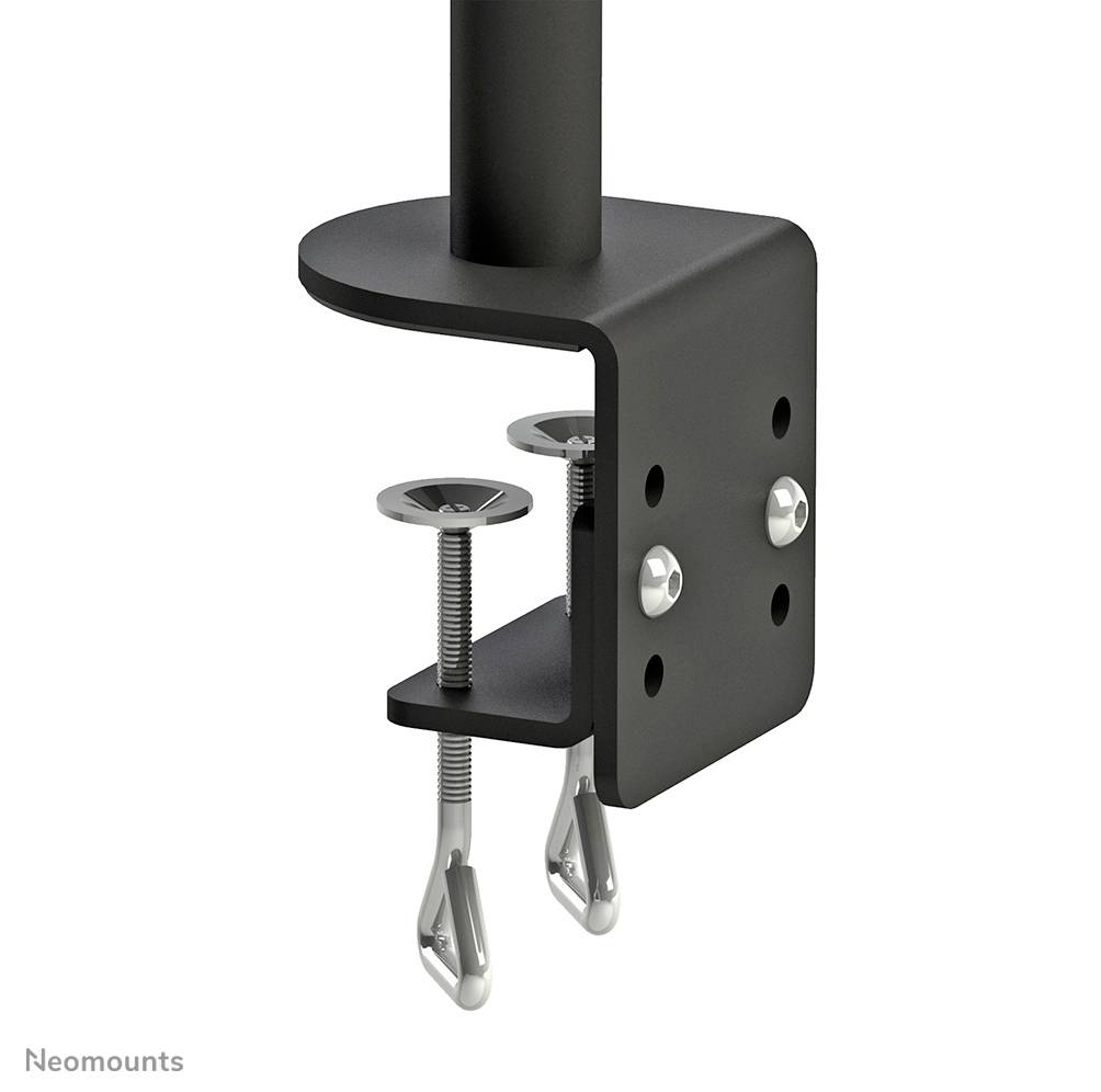 Schwarze Tischklemme zur Befestigung von Monitorarmen, mit zwei silbernen Schrauben zur Höhenanpassung an Tischplatten.