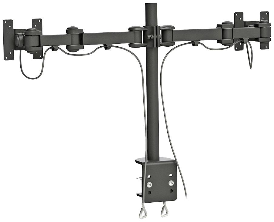 Doppelter Monitorhalter aus Metall, freistehend, mit zwei Armen und Klemmbefestigung, geeignet für Schreibtische. Kabel sorgfältig geführt.