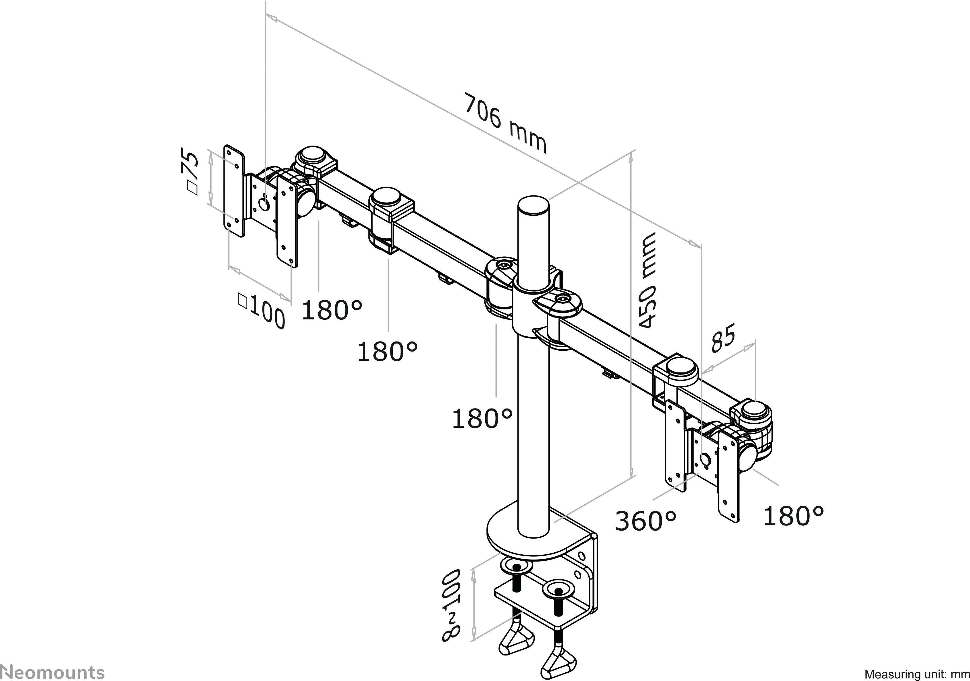 Eine detaillierte technische Zeichnung eines Monitorarms mit zwei Gelenken. Die Zeichnung zeigt Maße, Winkel und Montagemöglichkeiten.