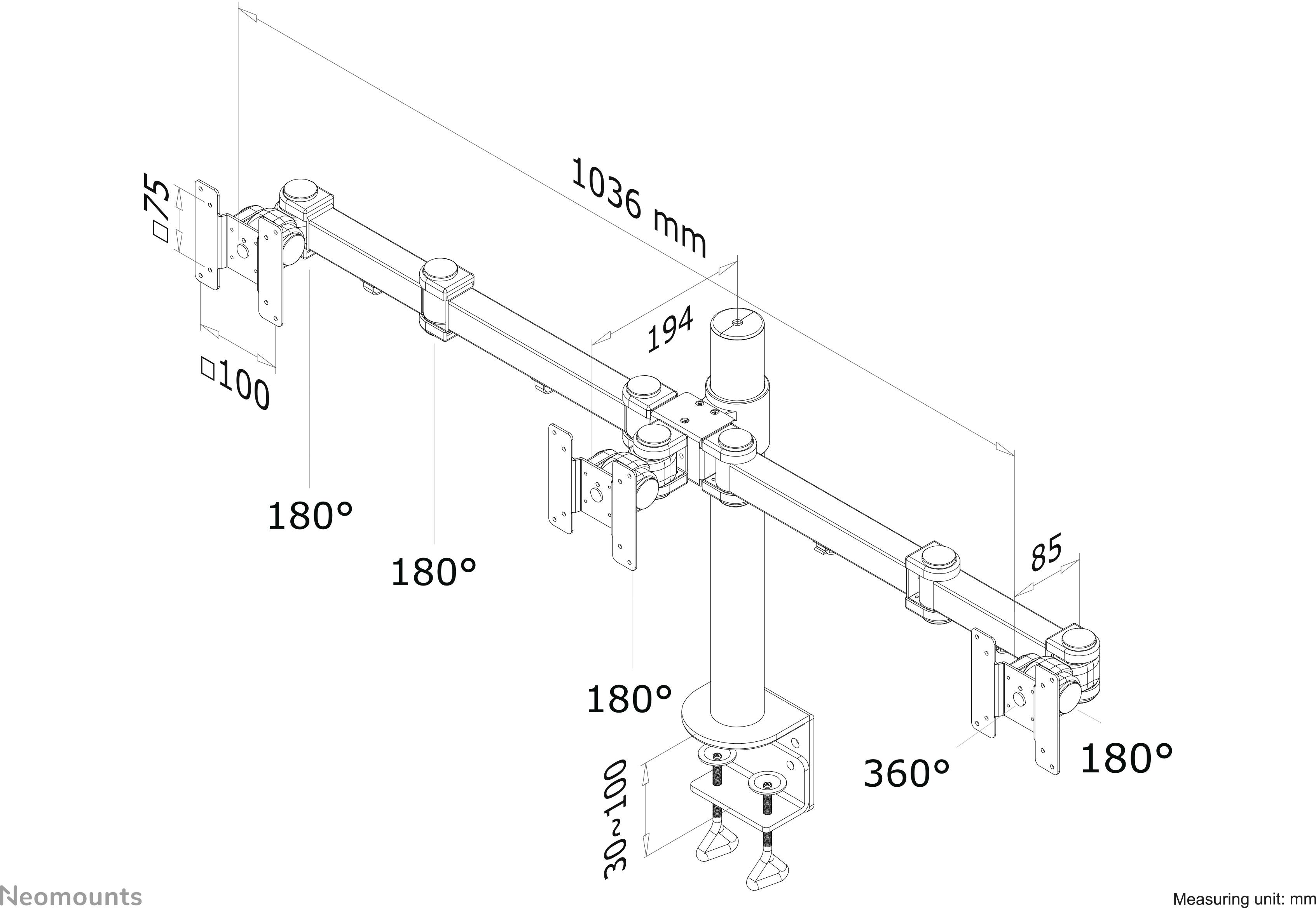 Technische Zeichnung eines Monitorarms mit Abmessungen, Neigungswinkel von 180° an den Gelenken, Gesamtlänge 1036 mm, Rohr drehbar 360°.