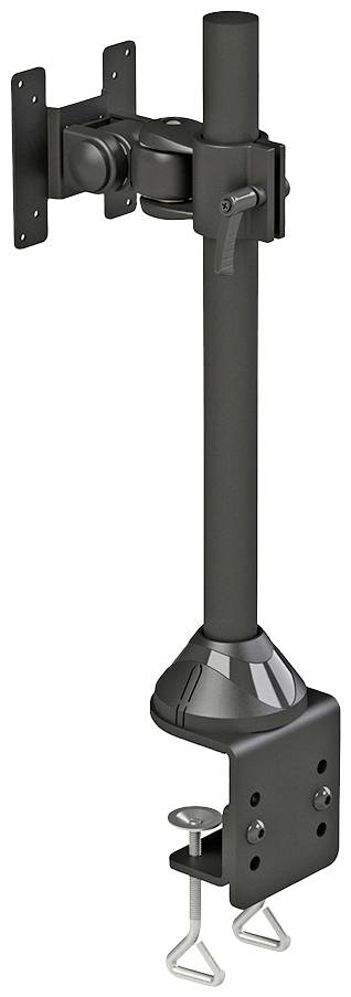 Ein verstellbarer Monitorarm aus schwarzem Metall zur Tischmontage, mit Klemme an der Unterseite und Gelenken zur Höhen- und Neigungsanpassung.