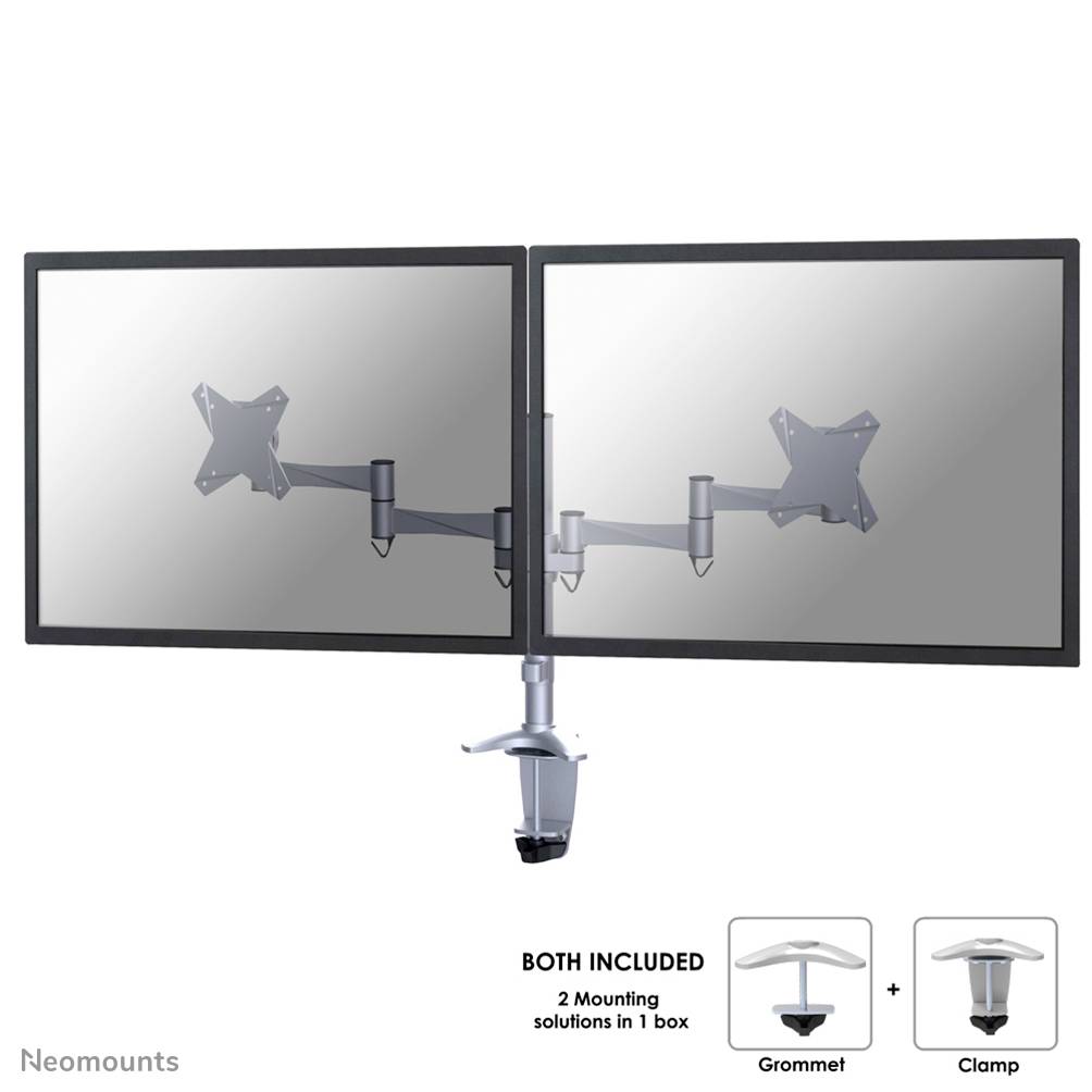 Zwei nebeneinander montierte Bildschirme an einem verstellbaren Arm. Unten Bild von Klemm- und Durchtischbefestigung.