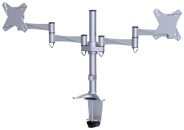 Monitorhalterung mit drei Armen für Bildschirme. Jeder Arm ist einstellbar für verschiedene Bildschirmgrößen. Ideal für optimierte Arbeitsplatzanordnung.