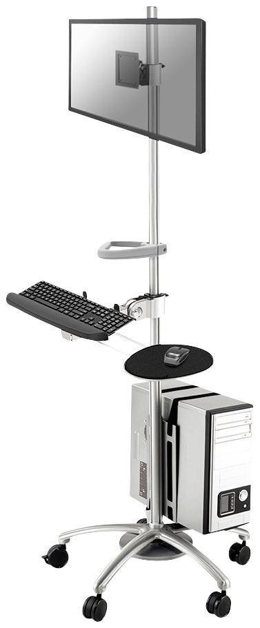Ein rollbarer Computertisch mit Monitor, Tastatur, Maus und CPU-Halterung. Ideal für mobile Arbeitsstationen in Büros oder Kliniken.