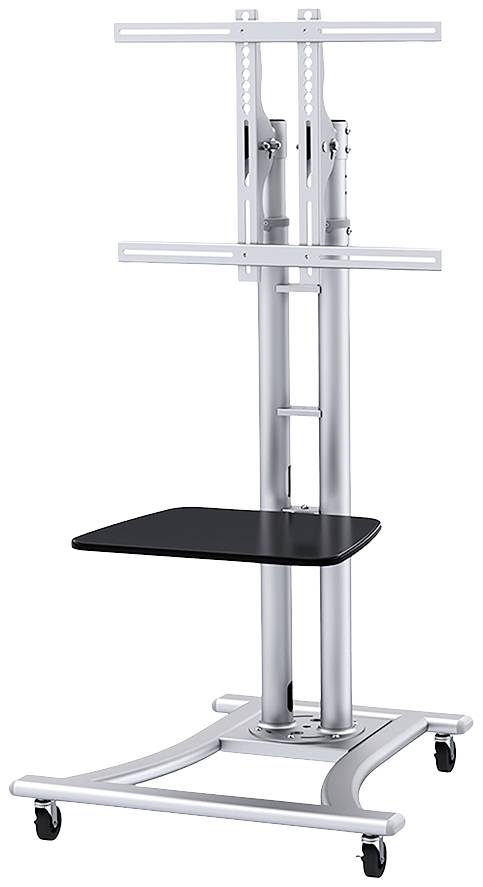 Ein silberner, rollbarer TV-Ständer mit verstellbarem Bildschirmhalter und schwarzer Ablagefläche.