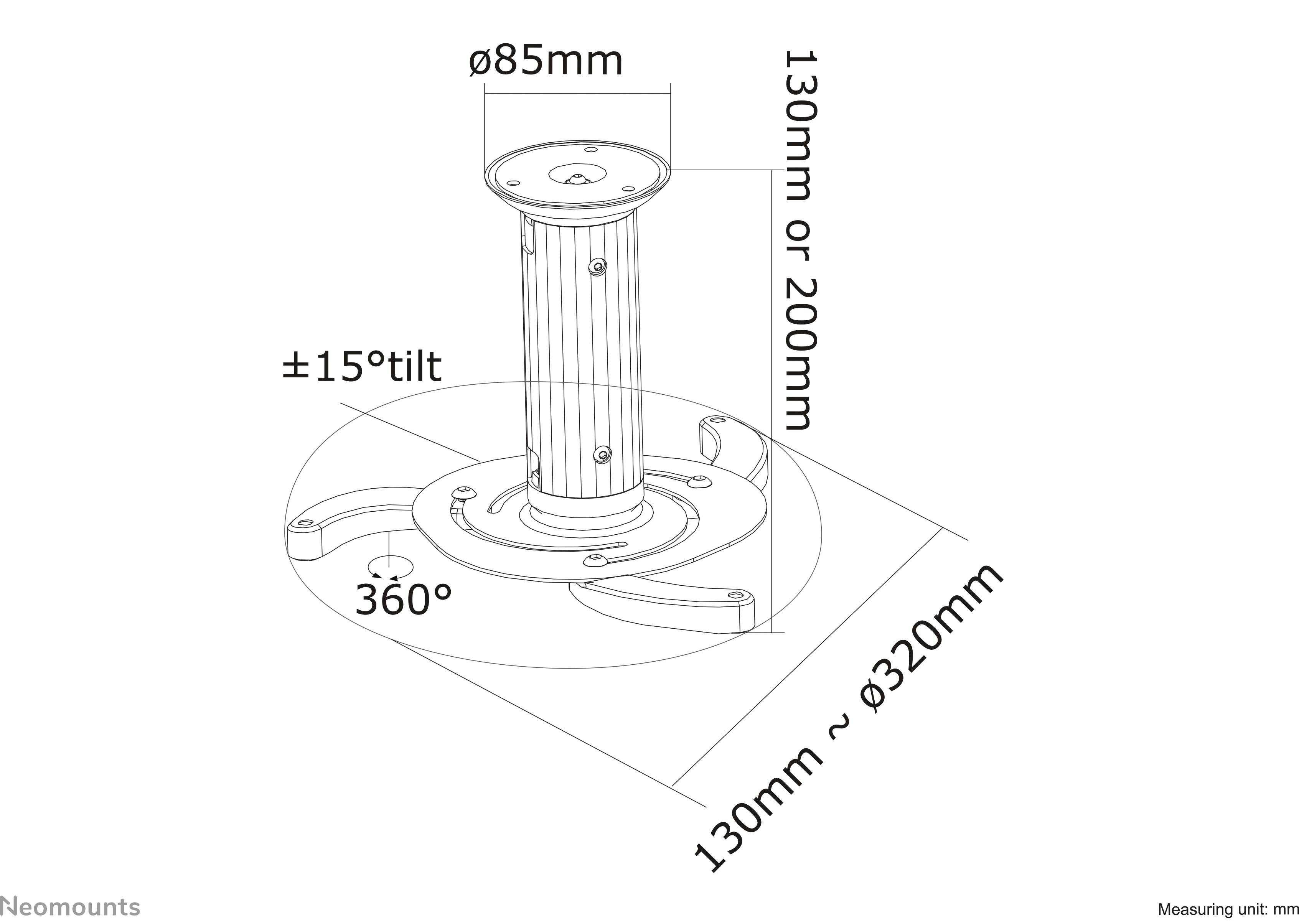 Deckenhalterung für Projektoren, Neigung ±15°, Drehung 360°, Rohrdurchmesser 85mm, Gesamthöhe 130mm oder 200mm, Reichweite 130-320mm.