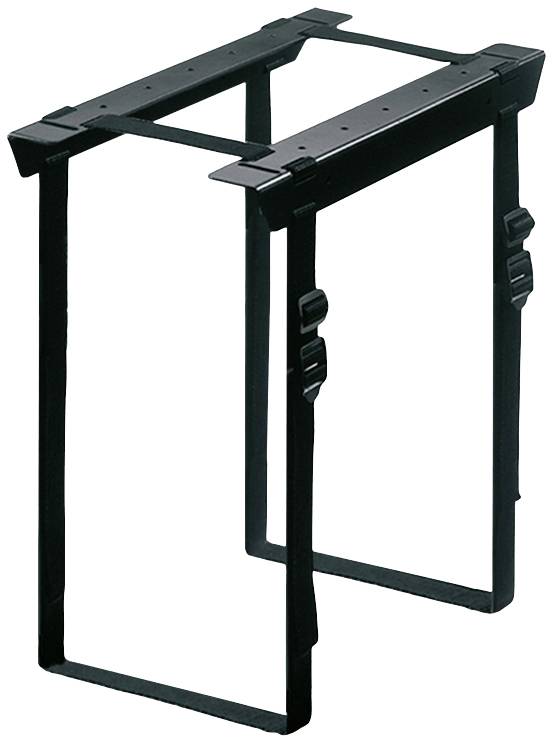 Ein schwarzes, rechteckiges Metallgestell, das etwa einem Tisch oder Ständer ähnelt. Es hat keine sichtbare Oberfläche oder Ablage.