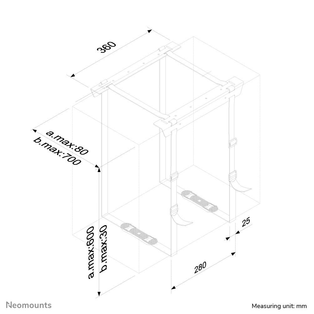 Technische Zeichnung einer Deckenhalterung mit Maßen in Millimetern: Breite 360, Tiefe 280, maximal höhenverstellbar zwischen 30-800 mm.