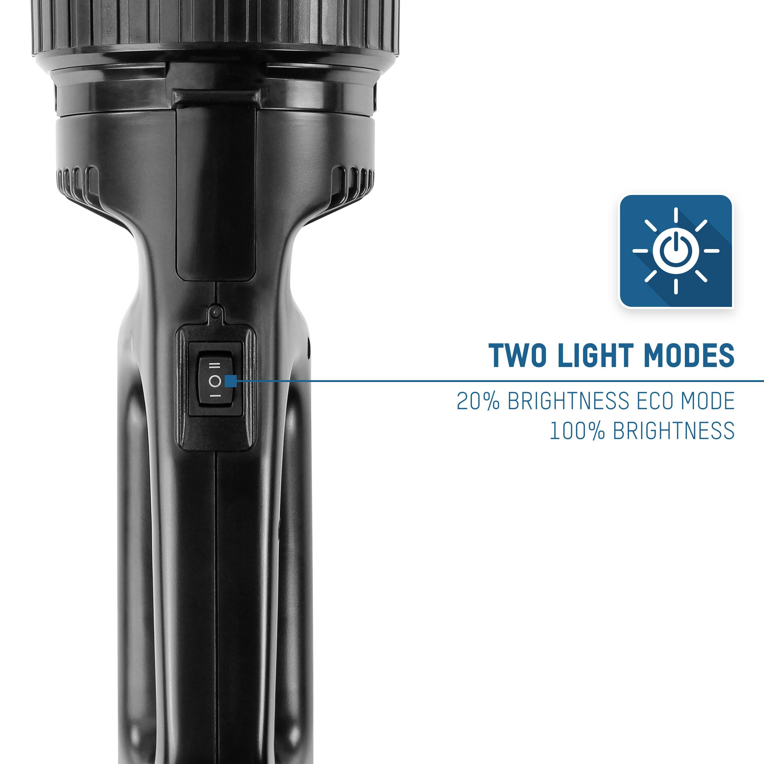 Taschenlampe mit zwei Lichtmodi: '20% Helligkeit Eco-Modus' und '100% Helligkeit'. Bild zeigt Schalter für Moduswechsel.