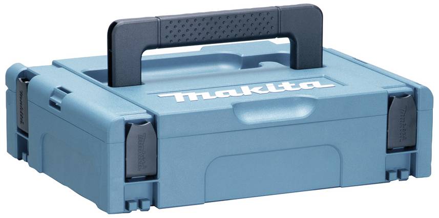 Blauer Makita-Werkzeugkoffer mit schwarzem Griff, geschlossen und bereit zur Aufbewahrung von Werkzeugen.