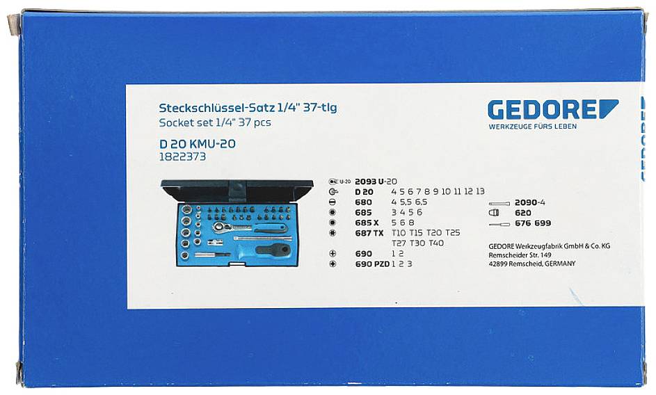 Blauer Karton mit Beschriftung 'Steckschlüssel-Satz 1/4
