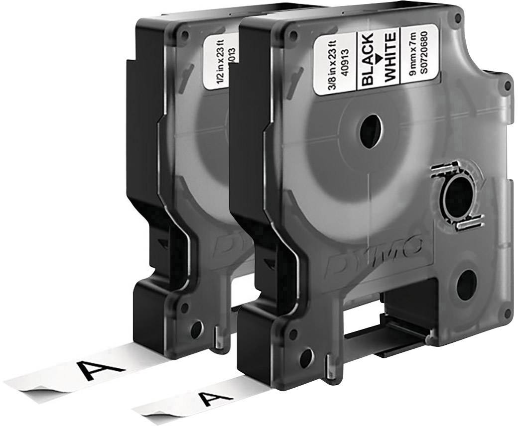 Zwei schwarze Etikettenkassetten von Dymo, eine mit der Aufschrift 'BLACK' und die andere ohne sichtbaren Text, beide mit weißem Band.