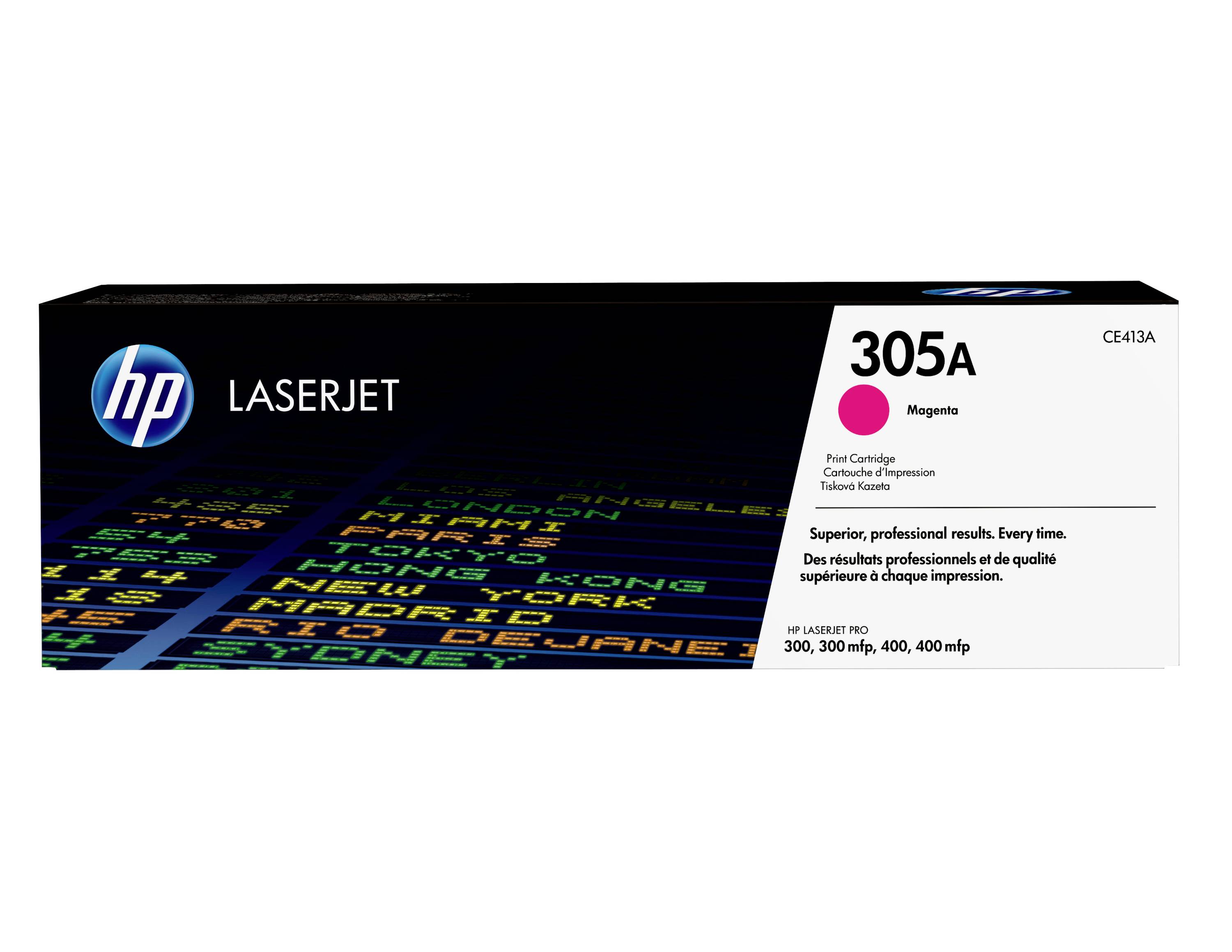 HP LaserJet 305A Magenta-Druckpatronenschachtel, Modell CE413A, mit 300/300/400 Seitenleistung auf der Vorderseite aufgeführt.