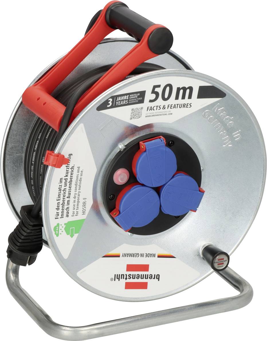 50m Elektrokabelrolle auf Metallrahmen mit rotem Griff und drei blauen Steckdosenschutzhauben
