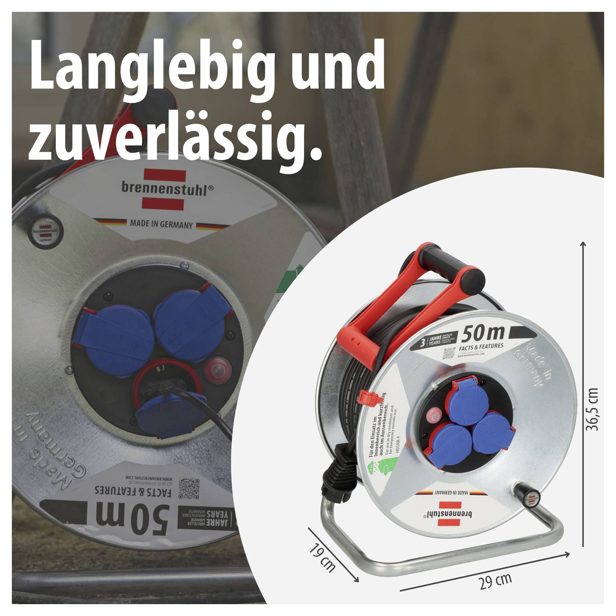 Werbetext mit zwei Kabeltrommeln: links unscharf im Einsatz, rechts Produktabbildung einer 50-m-Trommel mit Maßen 29 cm, 36,5 cm und 19 cm; Text 'Langlebig und zuverlässig.'