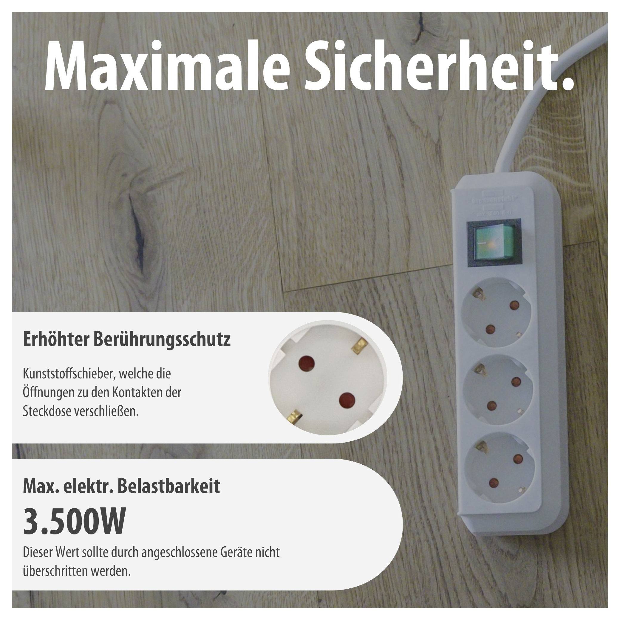 Werbeanzeige für Steckdosenleiste: 'Maximale Sicherheit' mit erhöhtem Berührungsschutz und max. elektrischer Belastbarkeit 3.500W; Steckdosenleiste auf Holzboden.