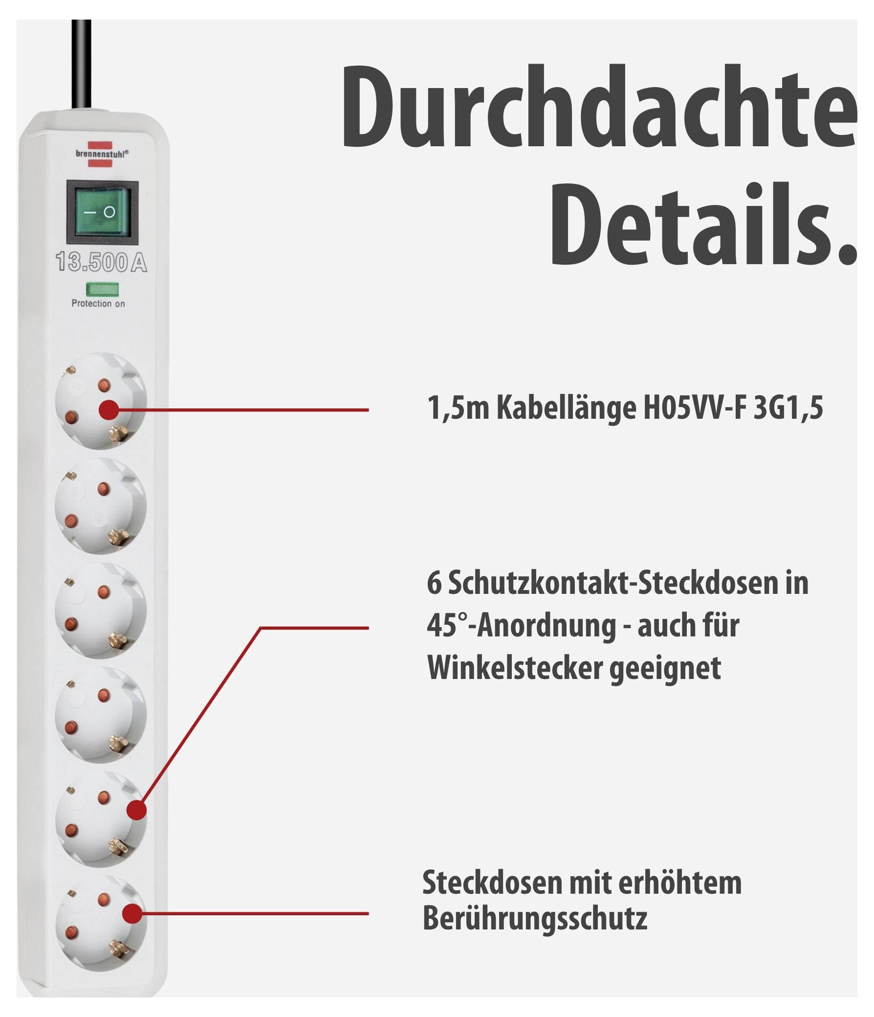 Werbebild einer weißen Steckdosenleiste mit Schalter und 6 Schutzkontakt-Steckdosen; Text hebt 1,5 m Kabel, 45°-Anordnung und erhöhten Berührungsschutz hervor.
