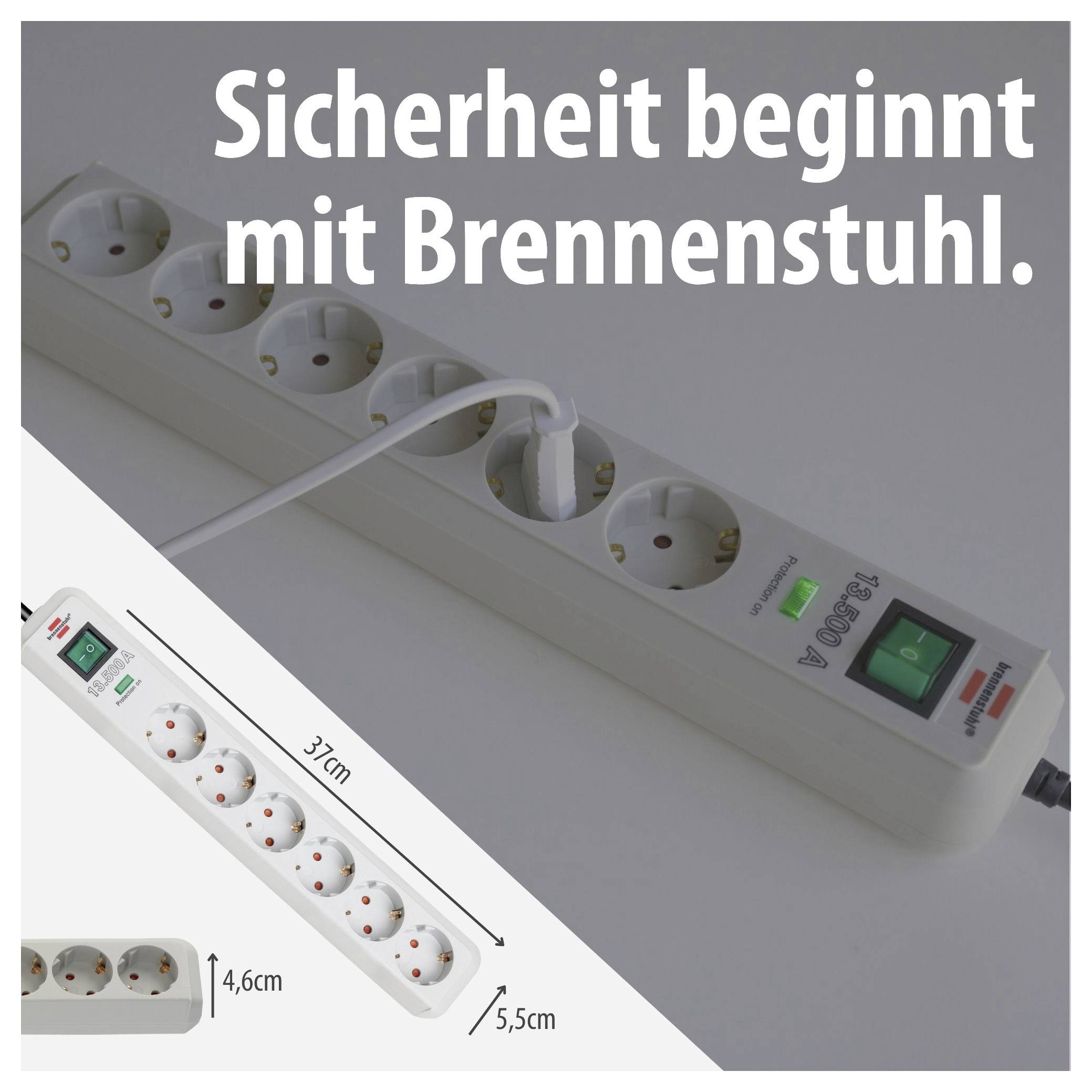 Werbung für Brennenstuhl-Steckdosenleiste mit Überschrift 'Sicherheit beginnt mit Brennenstuhl.', Foto und Maßangaben 37 cm, 4,6 cm, 5,5 cm.