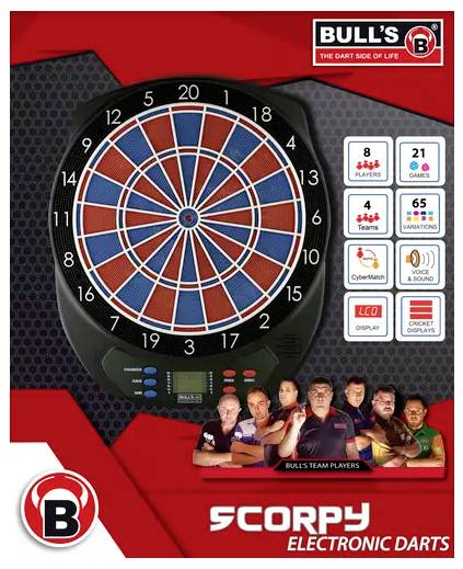 Elektronisches Dartboard mit digitaler Anzeige. Funktionen: bis zu 8 Spieler, 84 Spiele, 4 Teams, 65 Variationen. Inklusive Soundeffekte.