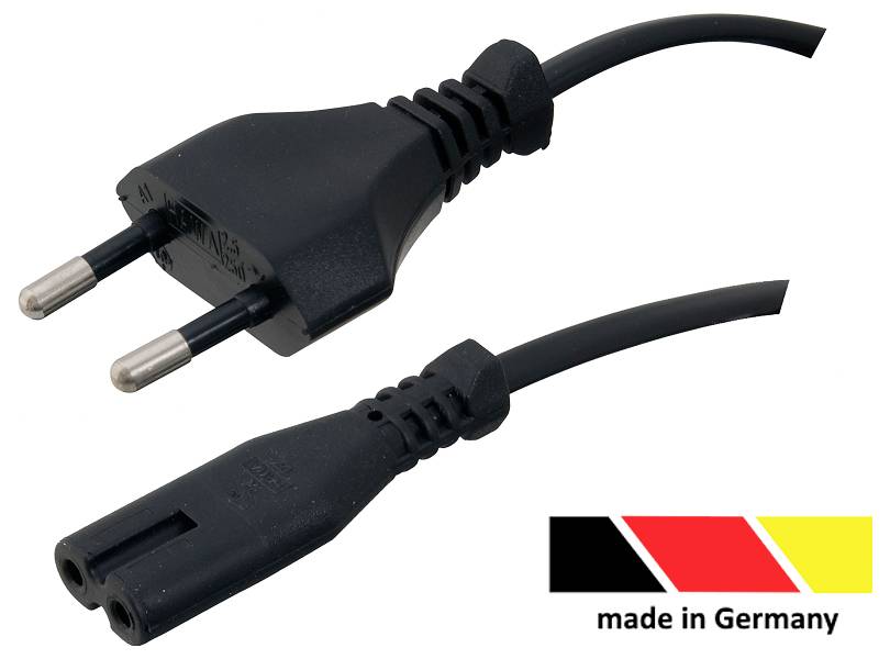 Schwarzes Netzkabel mit zweipoligem Stecker, daneben das Label 'made in Germany' mit schwarz-rot-goldenem Farbbalken.