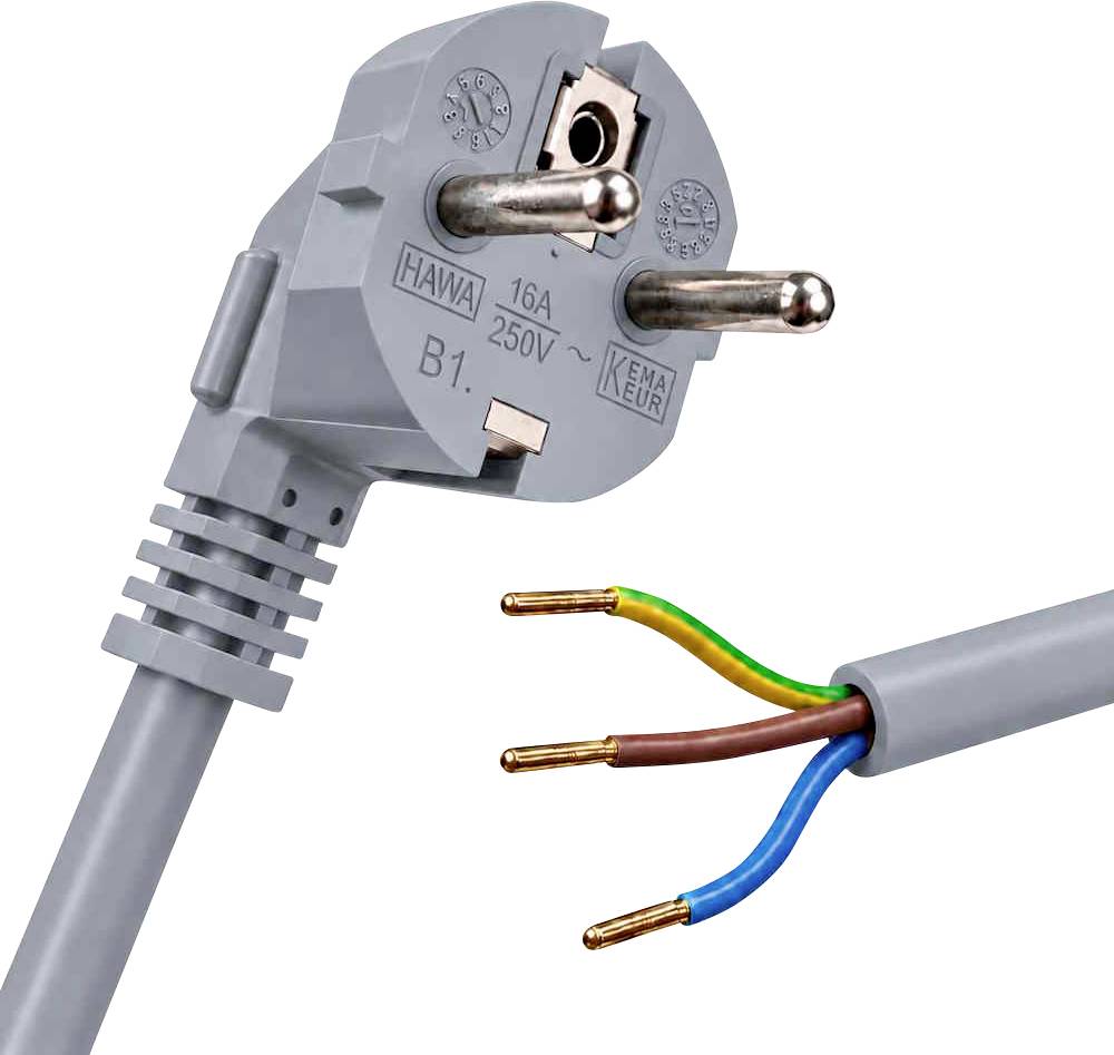 Grauer europäischer Stromstecker und abgemanteltes dreiadriges Kabel mit freigelegten Kupferleitern, beschriftet mit „Made in Germany