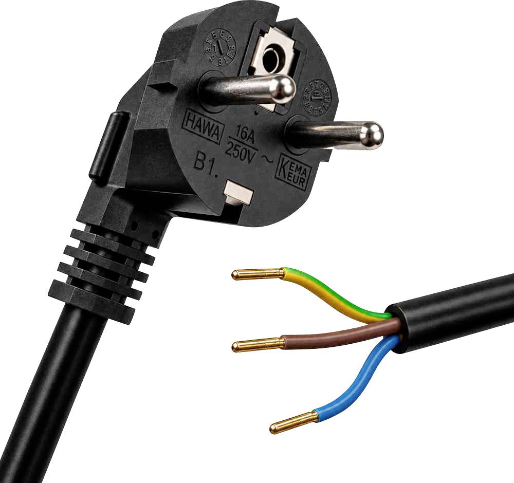 Schwarzes europäisches Stromkabel mit zweipoliger Steckerplugin; das abgeschnittene Ende zeigt braune, blaue und grün/gelbe Adern, gekennzeichnet mit „Made in Germany