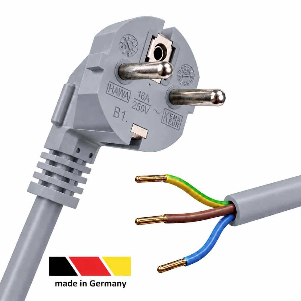 Grauer europäischer Stromstecker und freiliegende Kabeladern, die braune, blaue und grün-gelbe Leiter zeigen; das Etikett sagt „Made in Germany