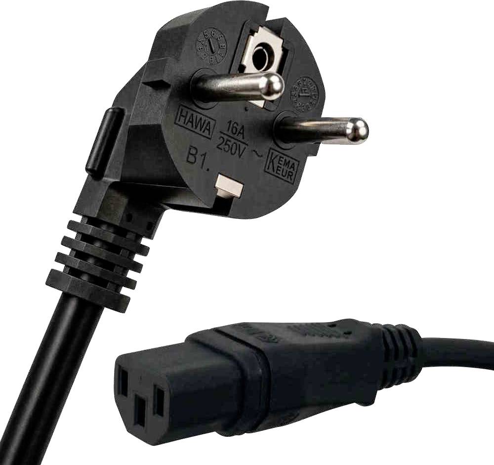 Schwarzes deutsches HAWA 16A 250V Stromkabel mit zweipoliger europäischer Steckdose und passender weiblicher Buchse, gekennzeichnet mit „made in Germany