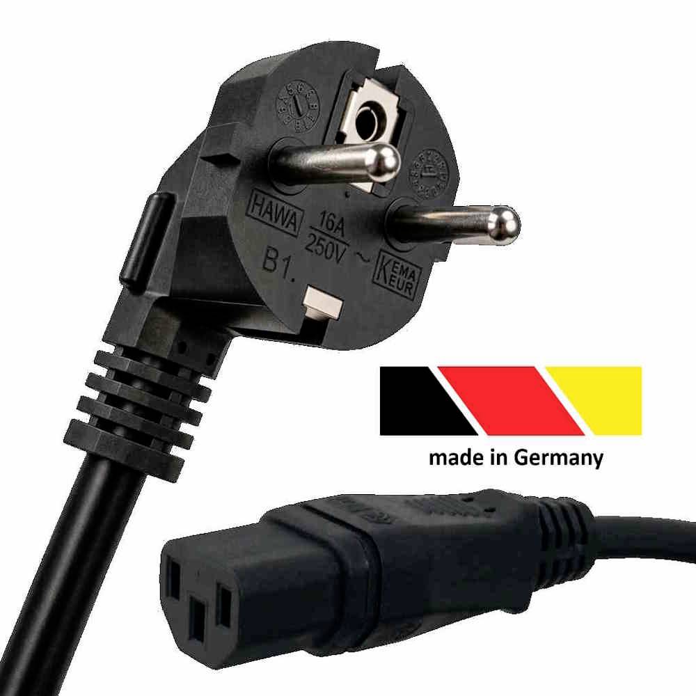 Schwarzes europäisches Stromkabel mit zweipoliger Steckverbindung und Buchse, gekennzeichnet mit „Made in Germany