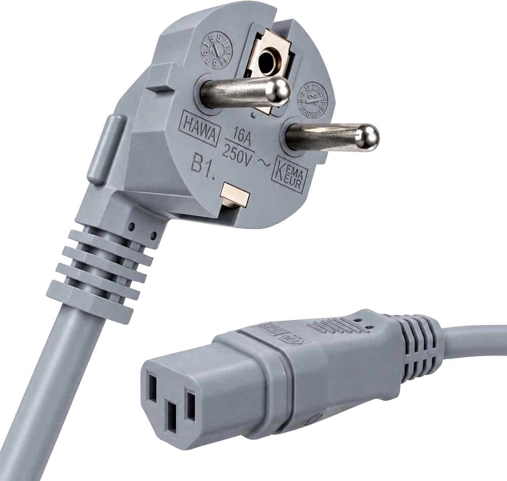 Graues europäisches Stromkabel mit geerdetem Stecker und IEC-Anschluss, gekennzeichnet mit HAWA 16A 250V, mit Text „made in Germany