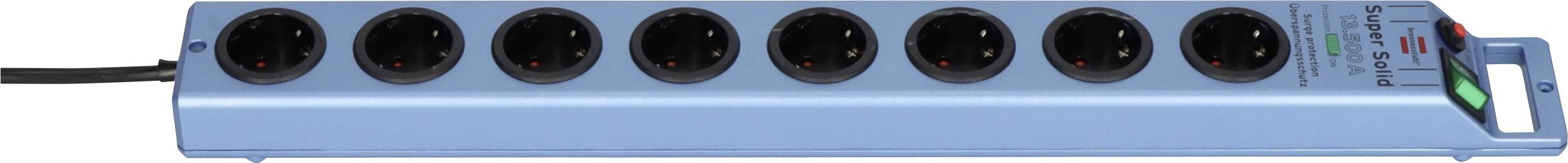 Ein blauer Achtfach-Steckdosenleiste mit Stromkabel, einem grün beleuchteten Wippschalter und einem kleinen Statusanzeiger am rechten Ende.