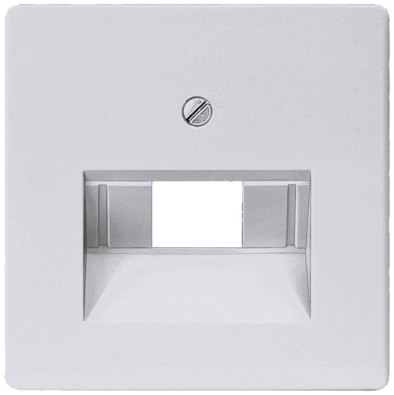 Weiße Wandhalterung mit rechteckiger Öffnung und Schraube oben. Geeignet zur Montage von Netzwerk- oder Schaltkomponenten.