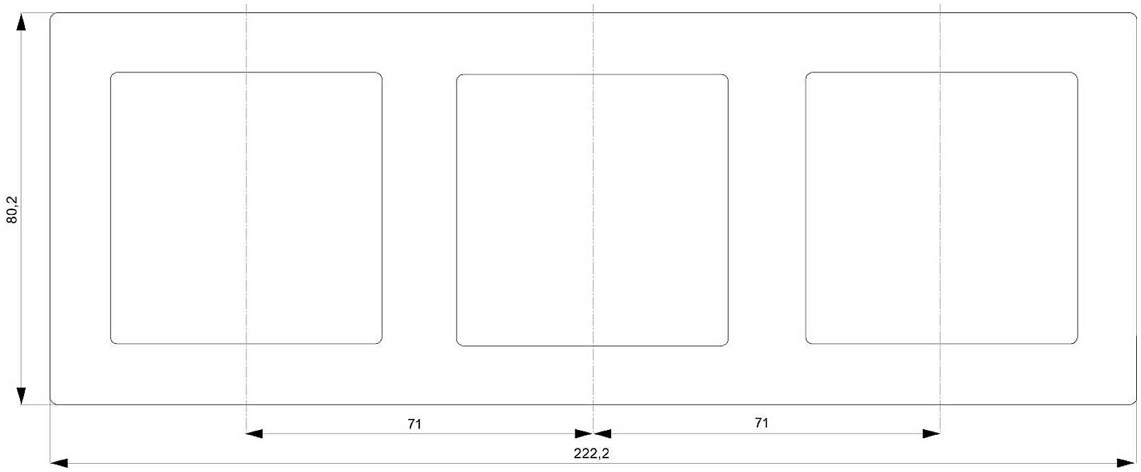 Diagramm zeigt ein rechteckiges Paneel mit drei gleich großen quadratischen Ausschnitten. Maße: 222,2 mm Breite, 80,2 mm Höhe, 71 mm Zwischenräume.