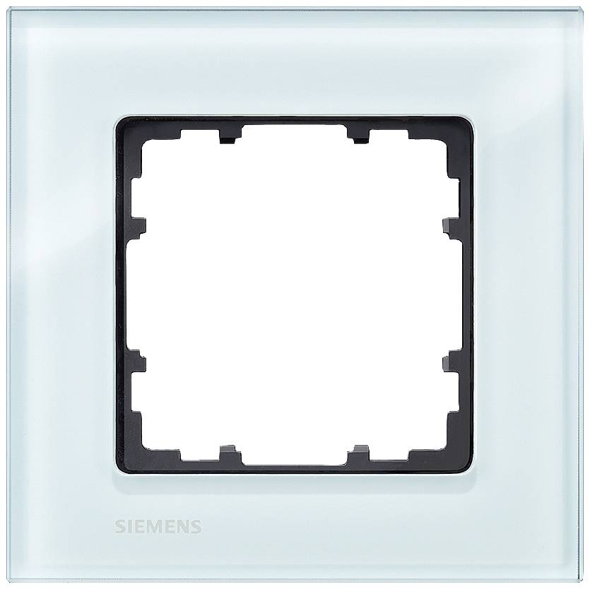 Eine transparente, quadratische Abdeckplatte von Siemens für einen Lichtschalter, umgeben von einem glatten Glasrahmen.