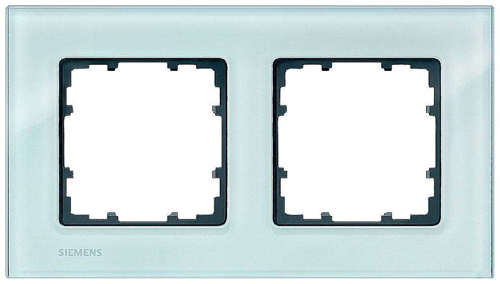 Zweifache, rechteckige Abdeckung für Schalter von Siemens; Design in hellblauem Farbton, ohne eingesetzte Schalter oder Steckdosen.