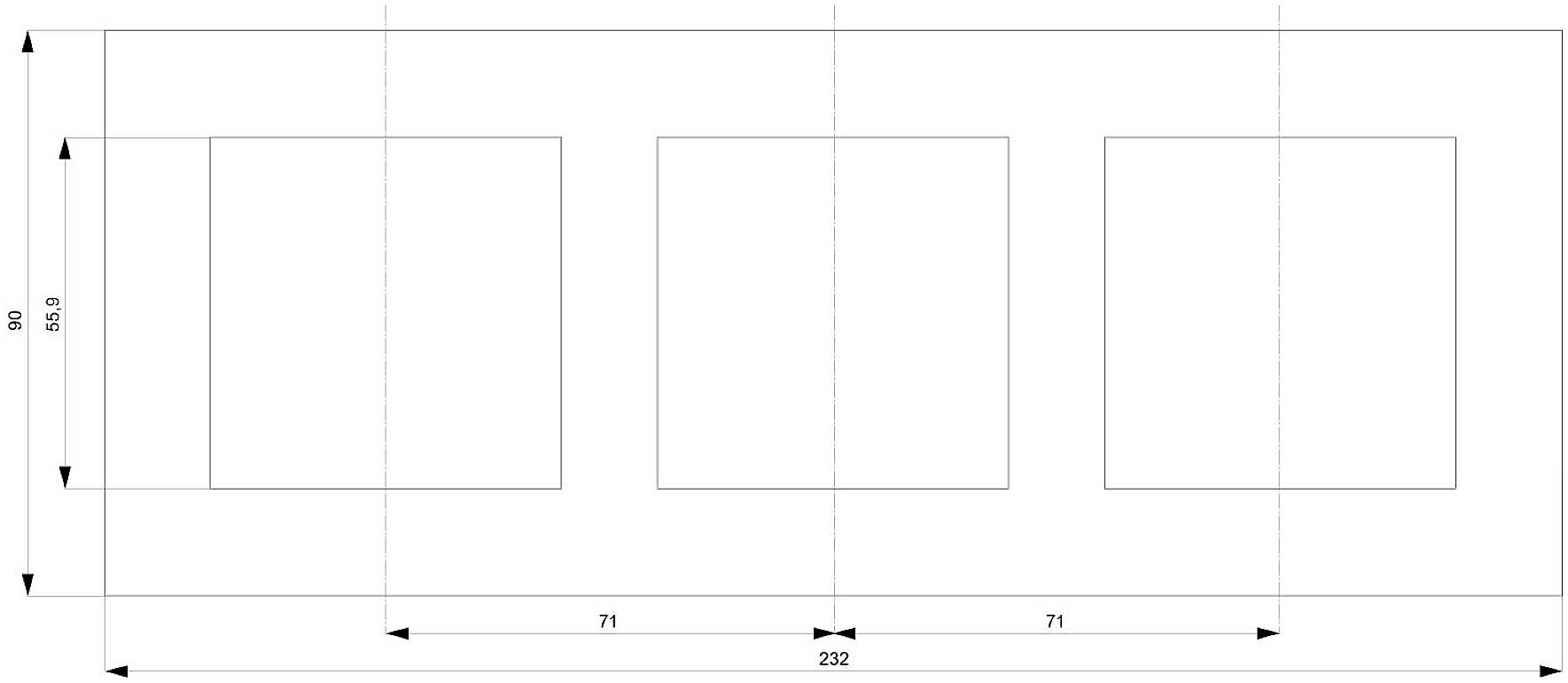 Ein technisches Diagramm zeigt drei quadratische Formen in einer Linie. Maße: Höhe 50,9, Abstand zwischen Quadraten 71, Gesamtlänge 232.