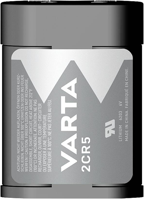 Lithium-Batterie von VARTA, Modell 2CR5, 6V, hergestellt in China. Wichtige Sicherheits- und Ladehinweise sind aufgedruckt.