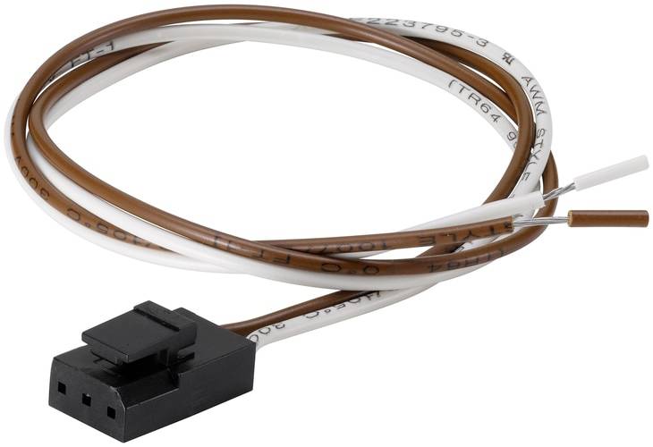 Ein schwarz-weißer Kabelstecker mit zwei Drähten, ein brauner und ein weißer. Der Stecker ist an einem schwarzen Kunststoffgehäuse befestigt.